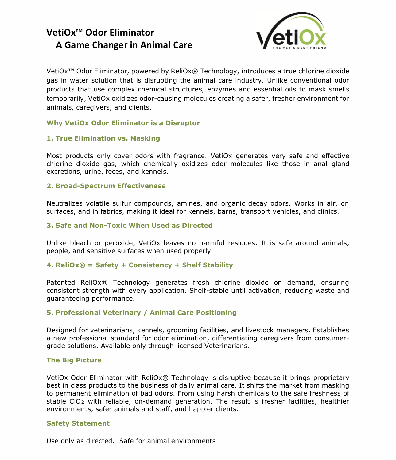 VetiOx Odor Eliminator product information sheet