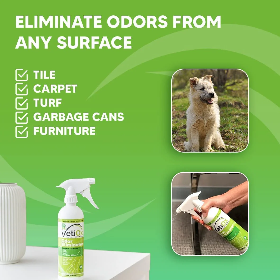 VetiOx Odor Eliminator used on tile, carpet, turf and furniture
